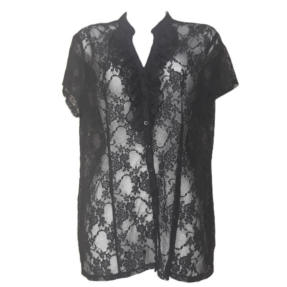 Black Sheer Mesh Floral Lace Ruffle Cap Sleeve Button Top L Whimsigoth by Como